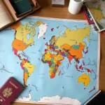IELTS candidate preparing travel documents and map
