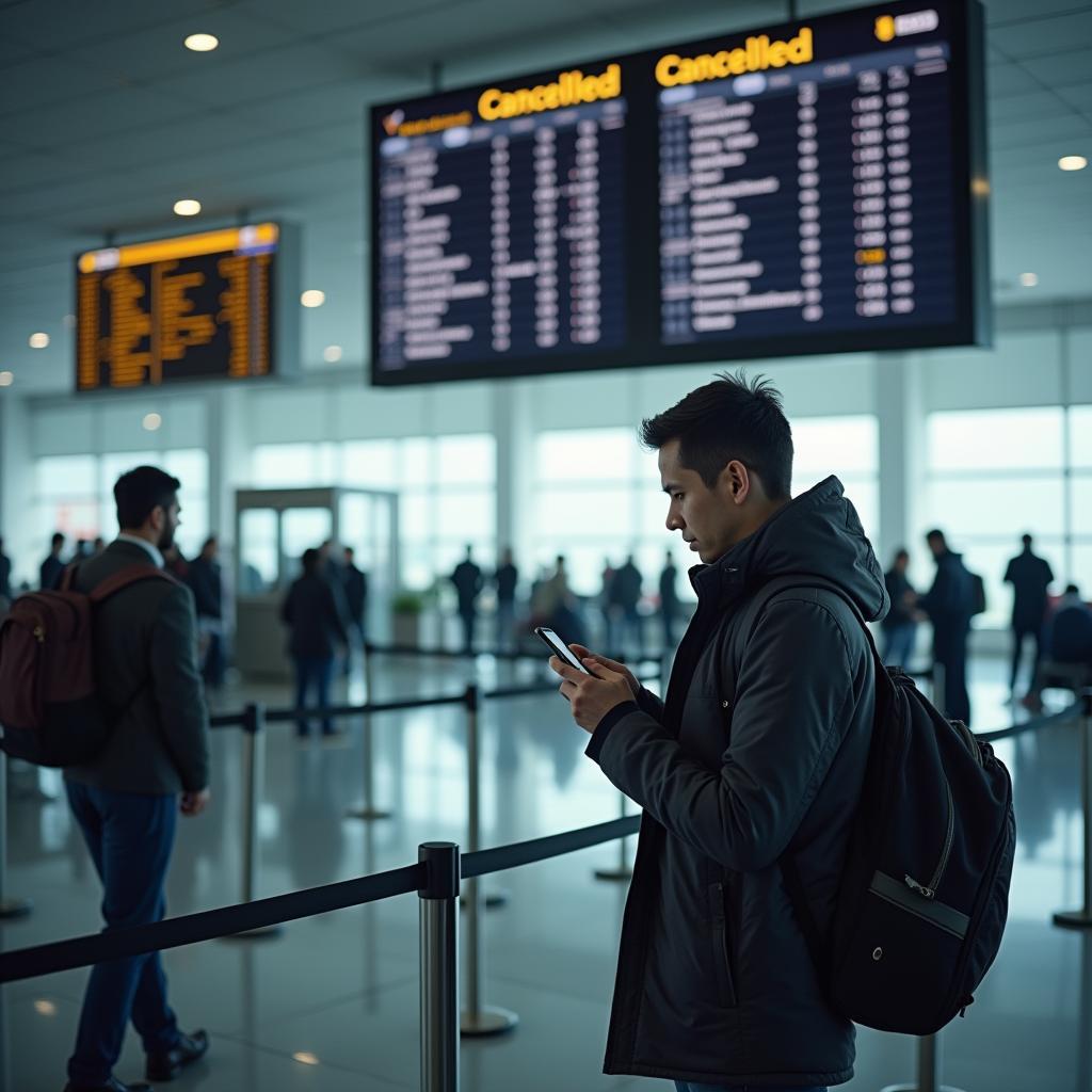 Frustrated traveler dealing with unexpected flight cancellation