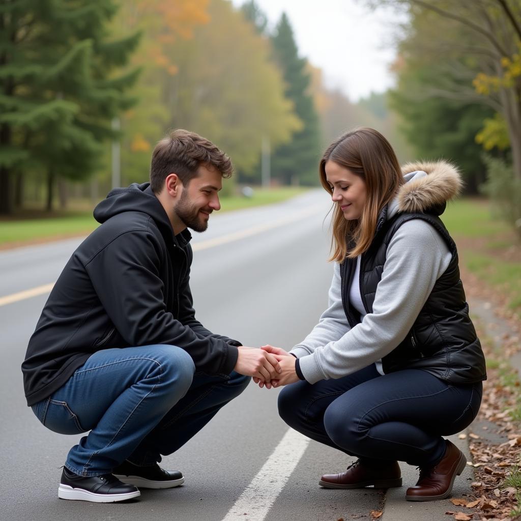Person receiving unexpected help from stranger on highway