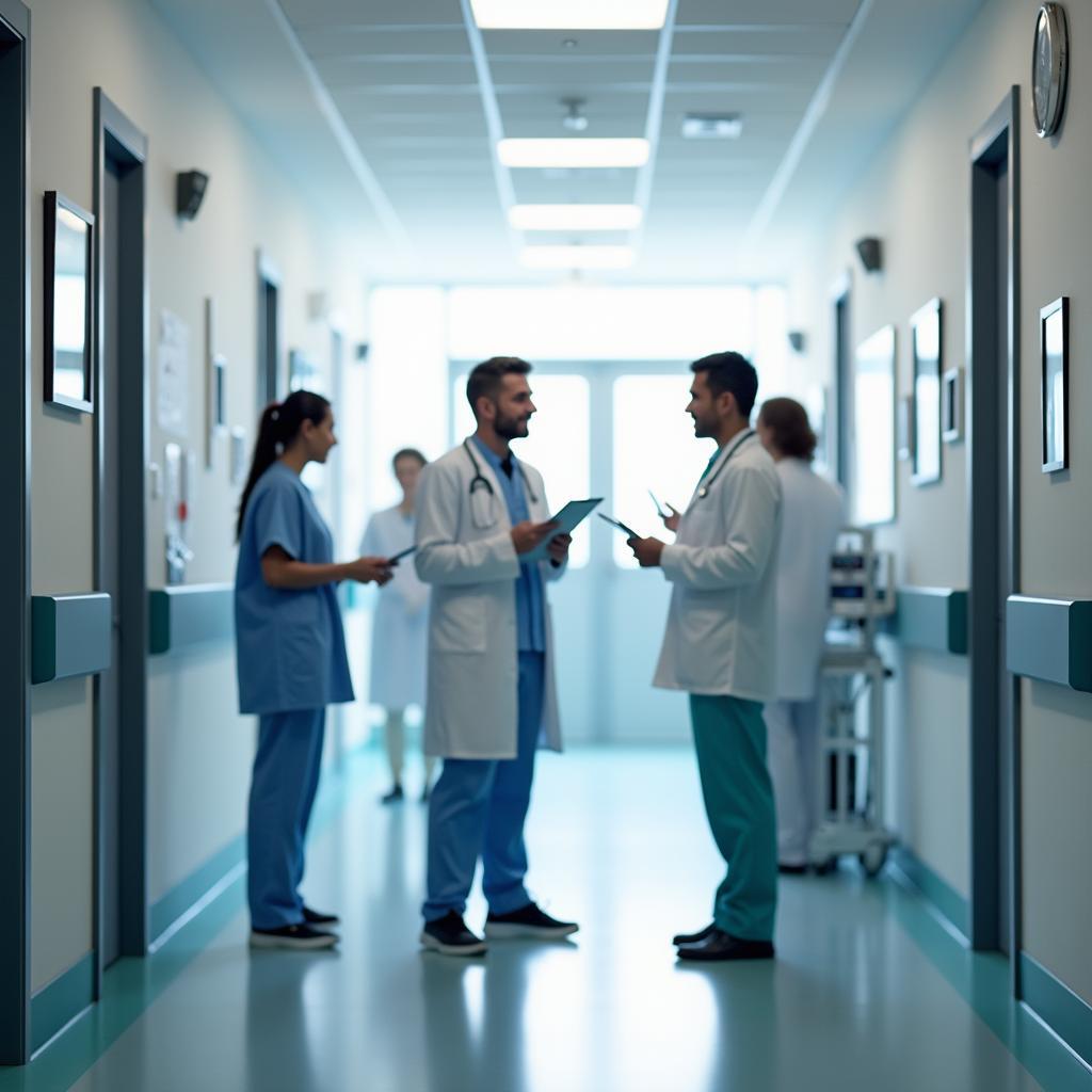 Healthcare professionals discussing universal healthcare implementation in modern hospital setting