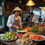 Vietnamese street food vendor preparing unusual local delicacy