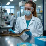 Professional snake milker extracting venom in laboratory setting