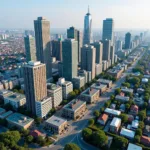 Urban development showing distinct zones for different activities