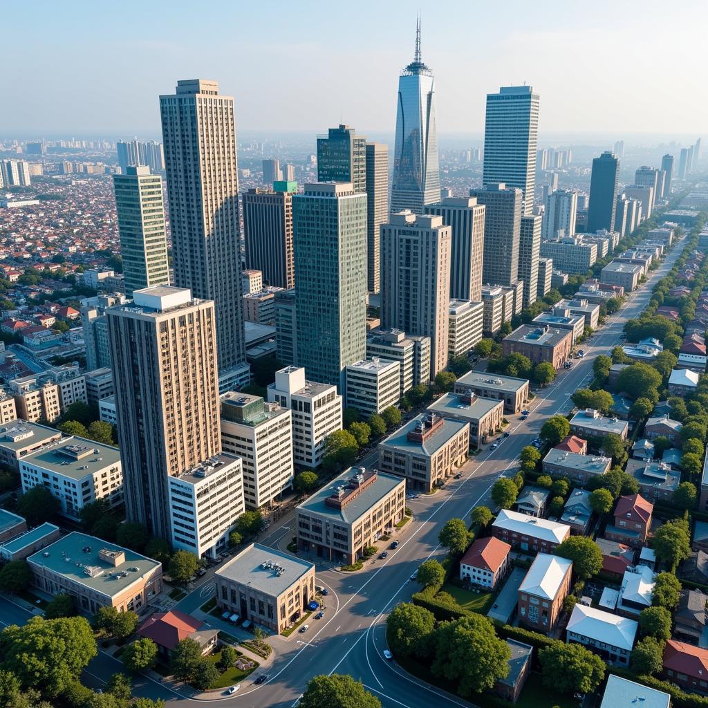 Urban development showing distinct zones for different activities