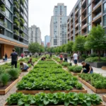 Urban farming and community gardens showing sustainable city agriculture