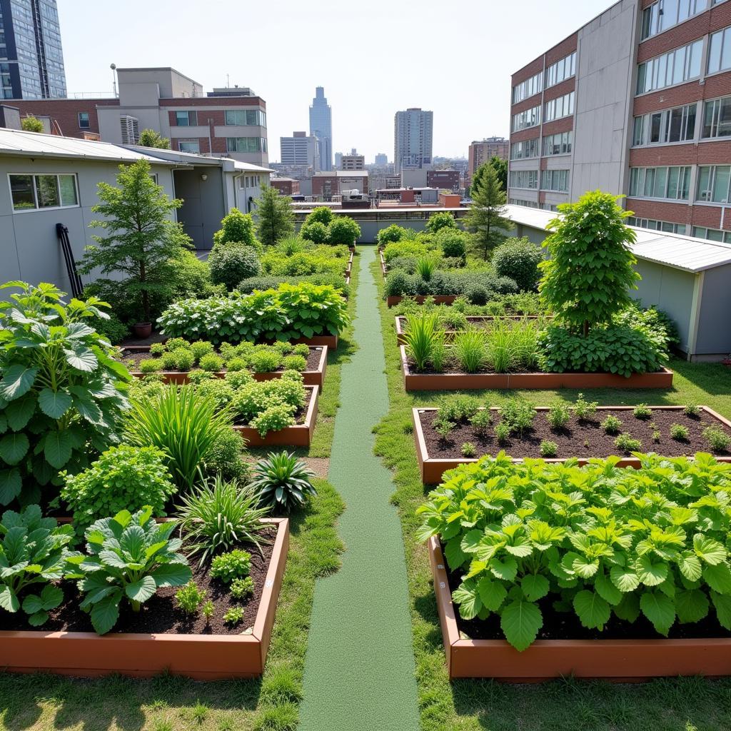 Urban farming initiatives on city rooftops demonstrating sustainable food production