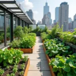 Urban farming implementation on city rooftop showing sustainable agriculture practices