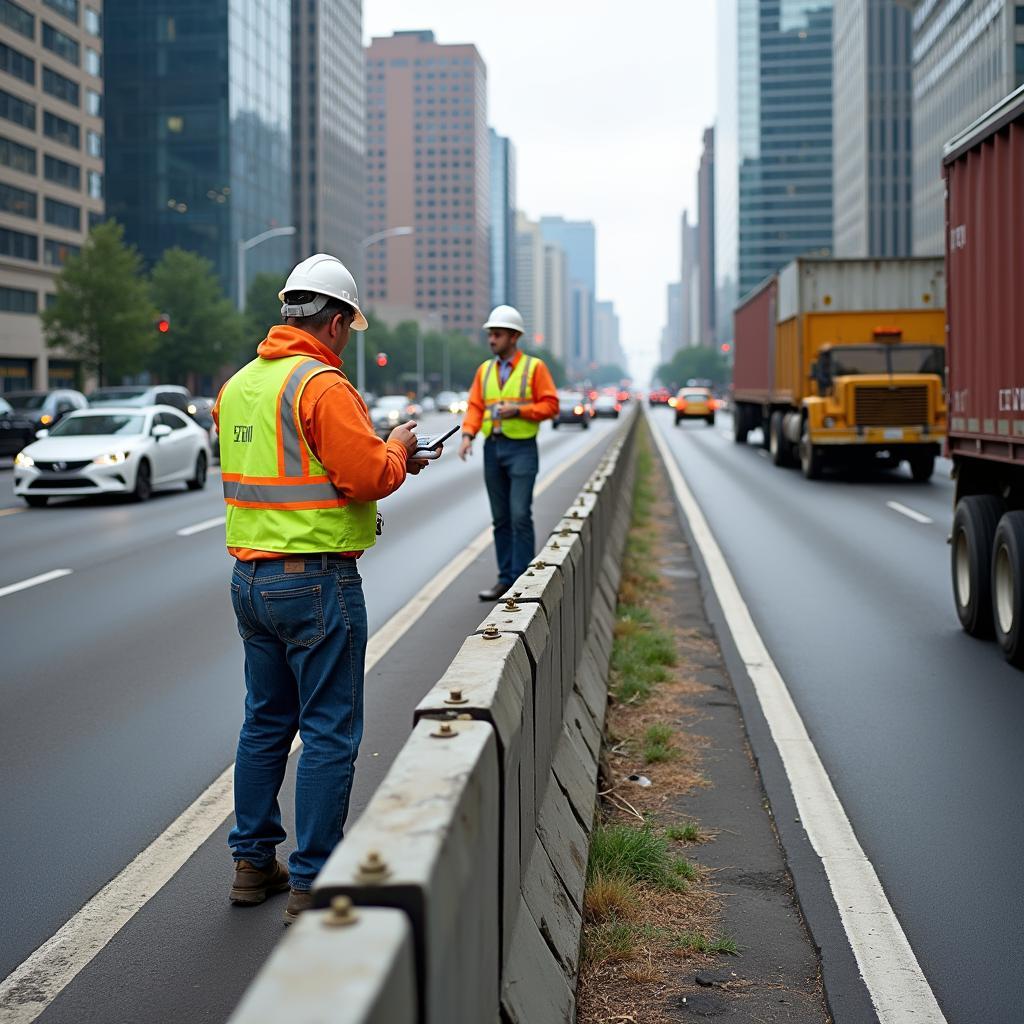 Environmental engineers implementing noise reduction solutions in a modern city setting