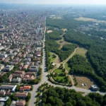 Aerial view showing urban sprawl's environmental impact on natural landscapes