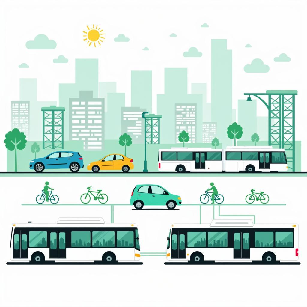 Modern urban transportation solutions including buses trains and bicycles