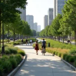 Modern urban walking trail with people exercising in city environment