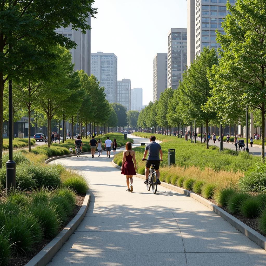 Modern urban walking trail with people exercising in city environment