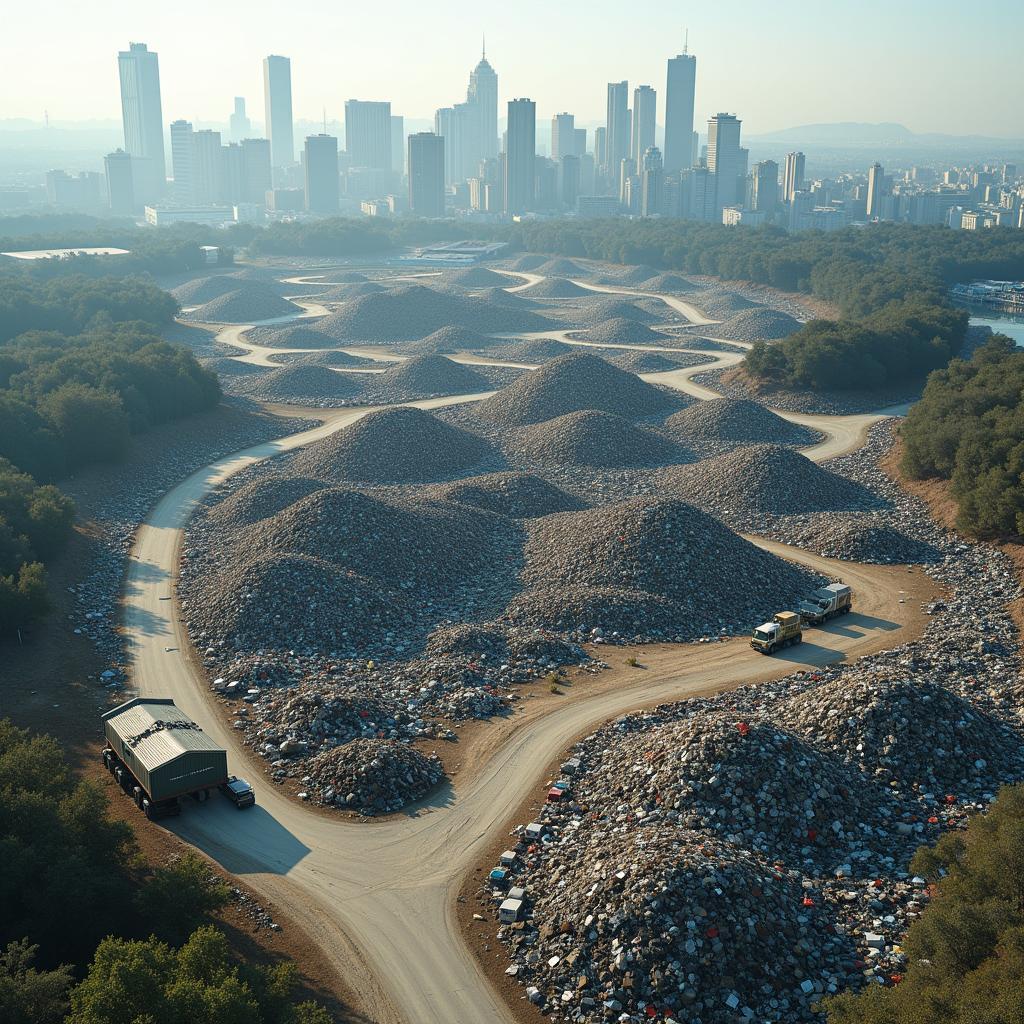 Urban waste management challenges in modern cities showing overflowing landfills