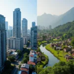 Urban development contrasting with traditional village settings