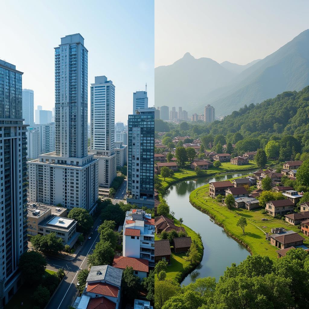 Urban development contrasting with traditional village settings