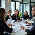 Venture capitalists discussing investment strategy with startup founders