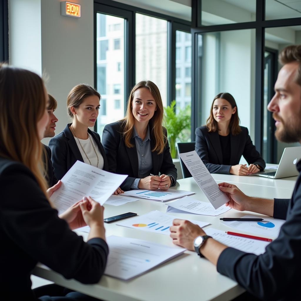 Venture capitalists discussing investment strategy with startup founders