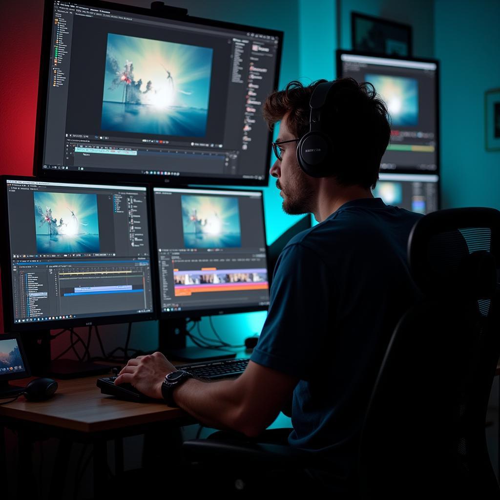 Person learning video editing software showing determination