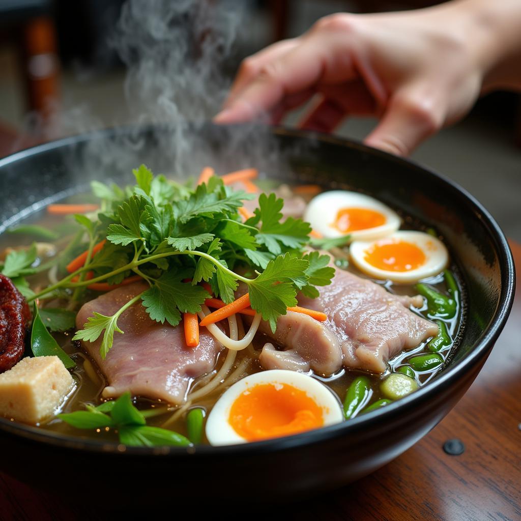 Traditional Vietnamese Pho being prepared with fresh ingredients