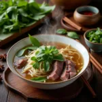 Traditional Vietnamese Pho preparation showing ingredients and cooking process