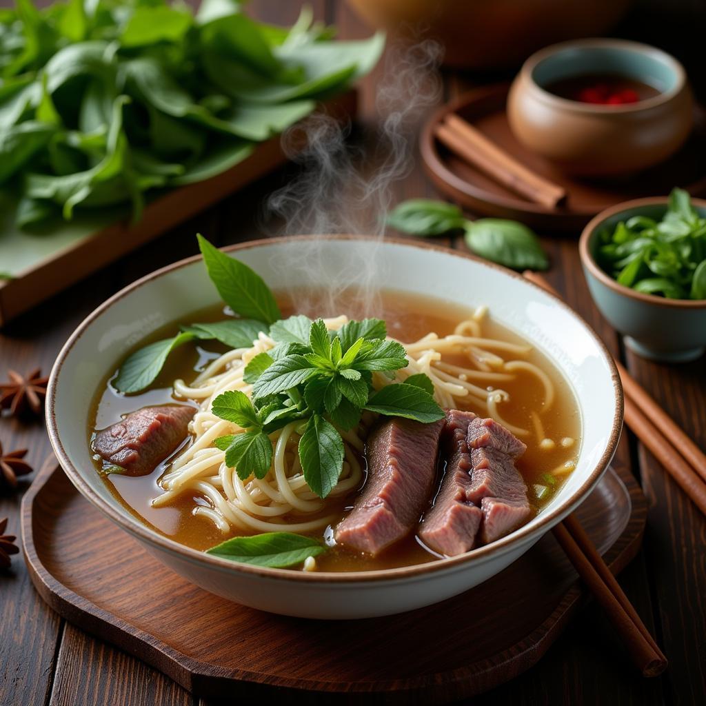 Traditional Vietnamese Pho preparation showing ingredients and cooking process