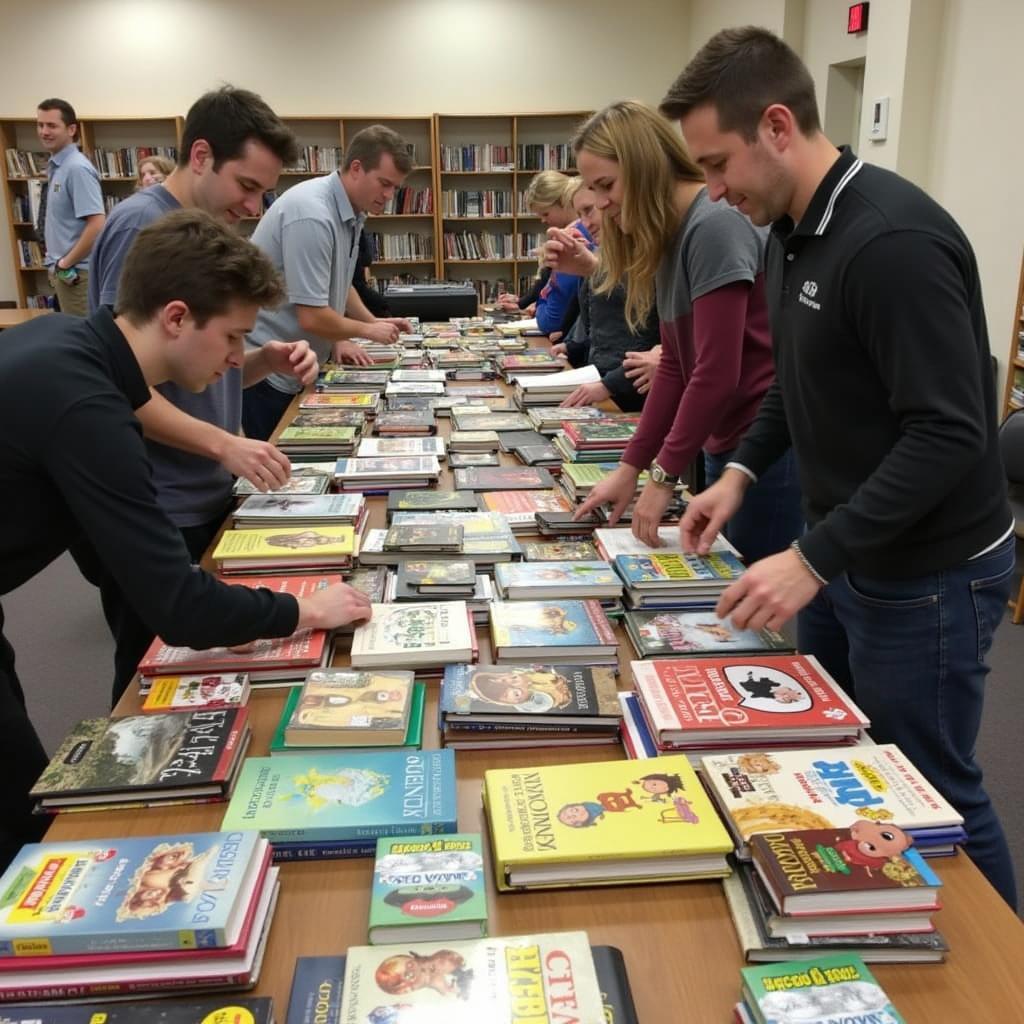 Volunteers organizing donated books for charitable distribution