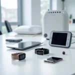 Modern wearable technology devices for health monitoring displayed on table