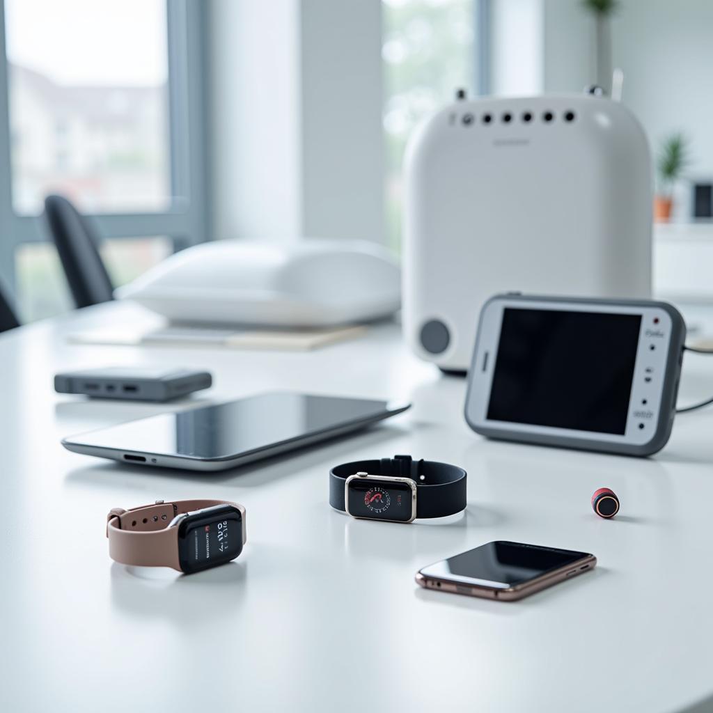 Modern wearable technology devices for health monitoring displayed on table