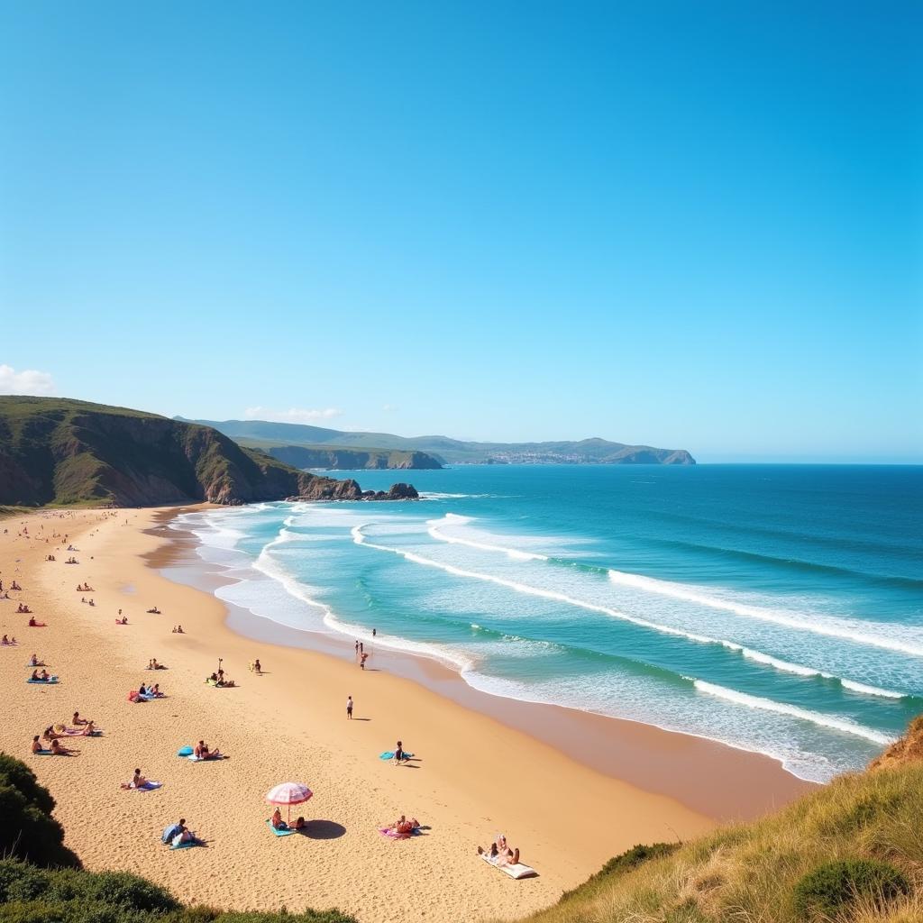 People enjoying weekend at Crystal Beach with calm waves and golden sand