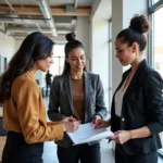 Professional women in modern workplace discussing financial matters