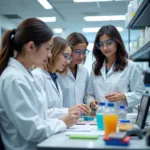 Female scientists conducting research in modern laboratory setting