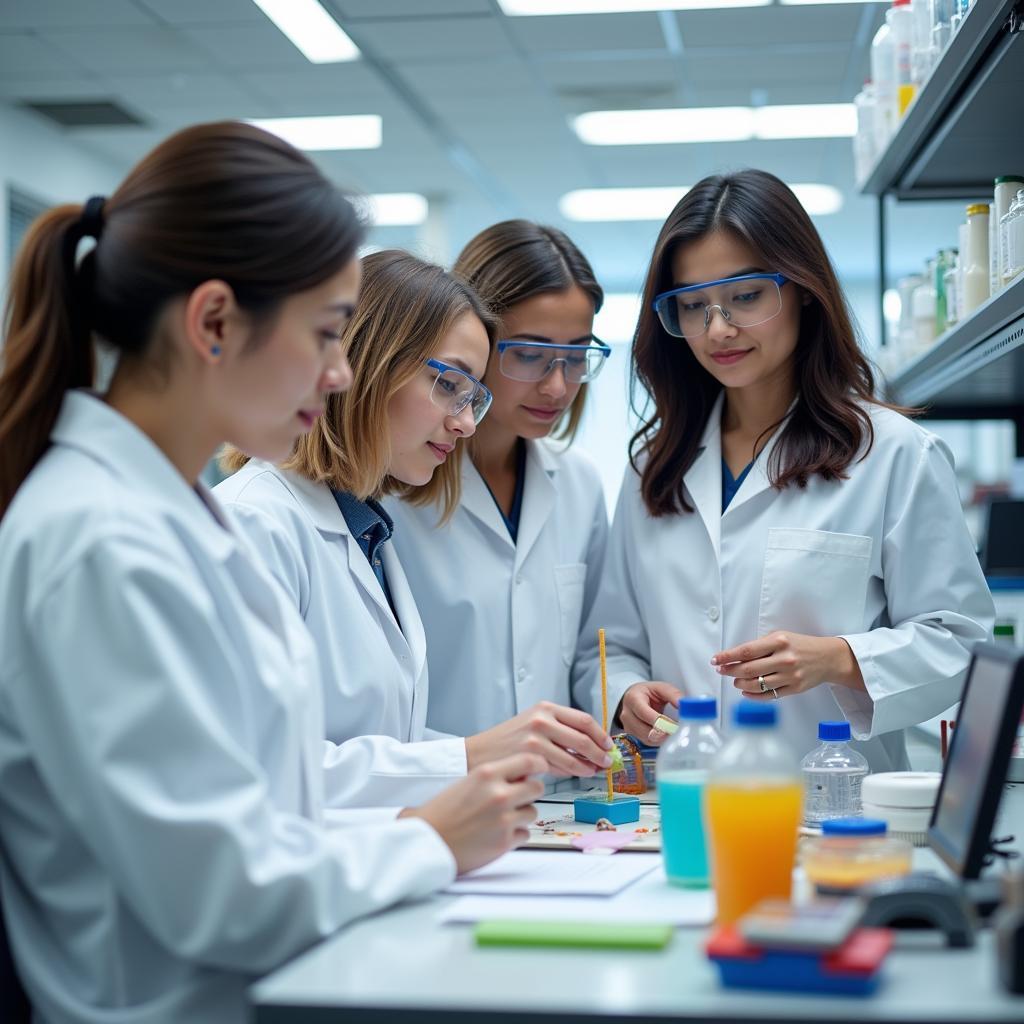 Female scientists conducting research in modern laboratory setting