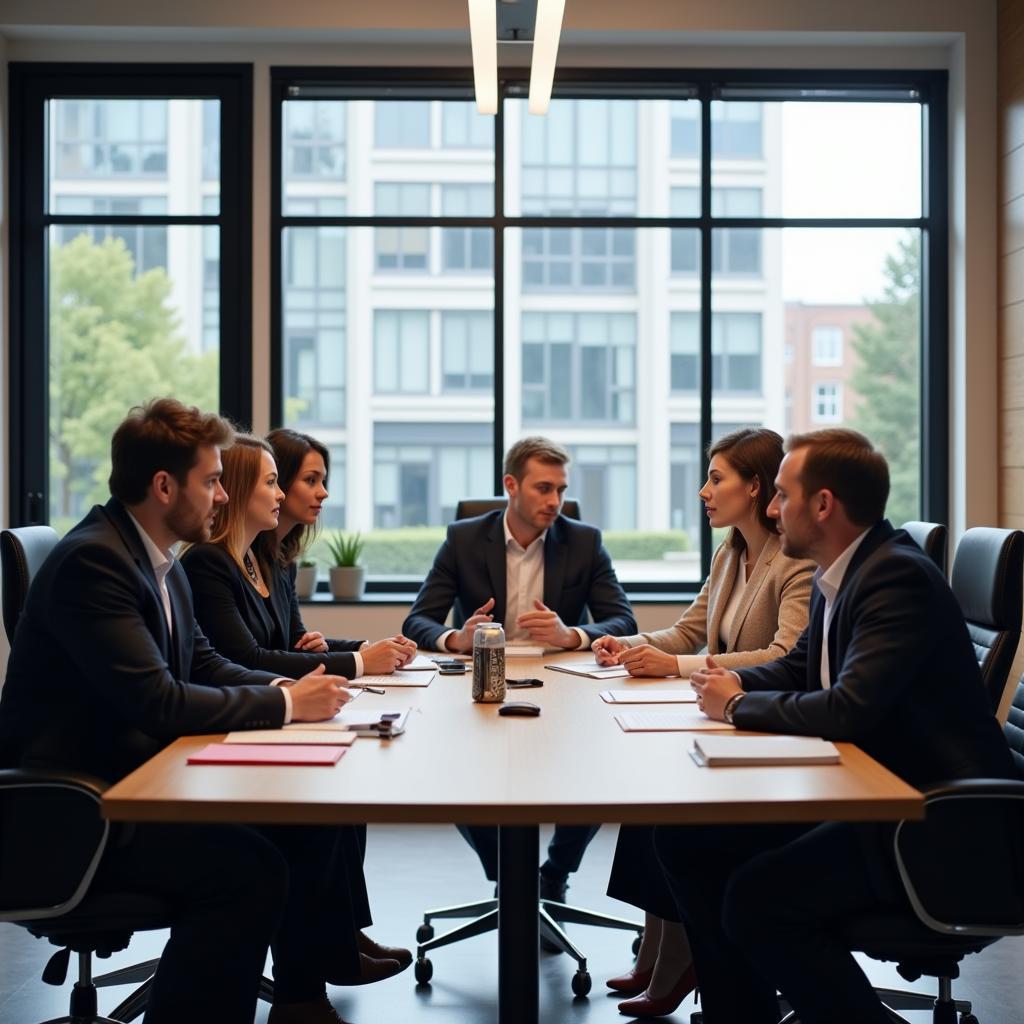 Professional women and men collaborating in corporate leadership meeting