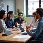Diverse group of professionals collaborating in modern office meeting