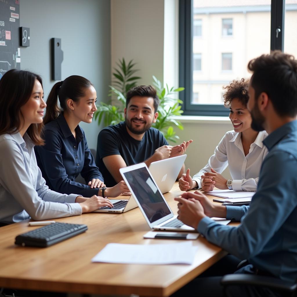 Diverse group of professionals collaborating in modern office meeting