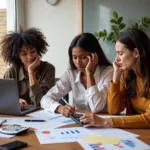 Young adults reviewing financial documents with confused expressions