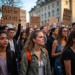 Young people participating in climate protest with signs and banners