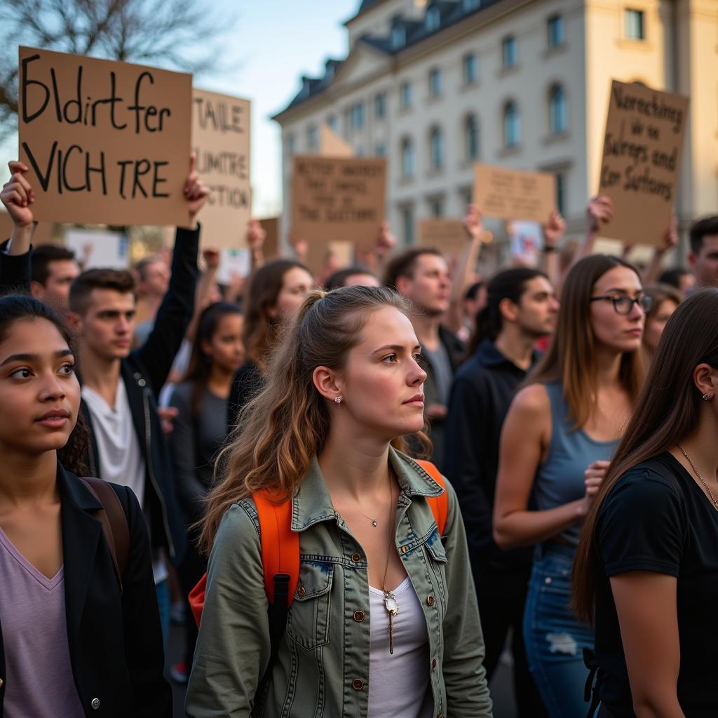 Young people participating in climate protest with signs and banners