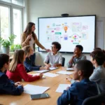 Young students discussing entrepreneurship concepts in modern classroom