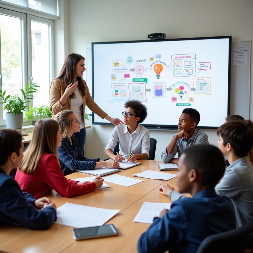 Young students discussing entrepreneurship concepts in modern classroom