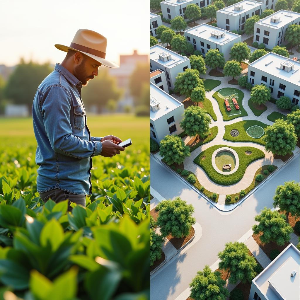 Examples of climate adaptation: drought-resistant farming alongside urban green infrastructure and drainage systems.