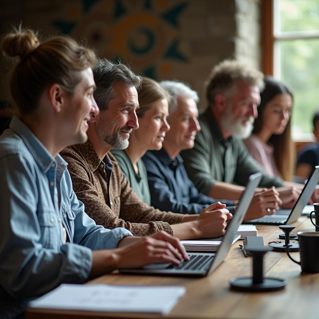 Individuals learning new skills through online courses on laptops, symbolizing adaptation to the technology-driven changing job market and the importance of reskilling.