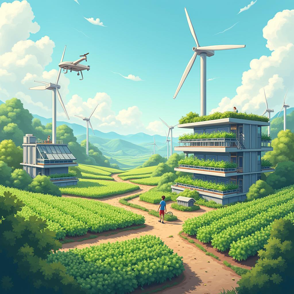 Futuristic farm showcasing hydroponics and renewable energy for climate-resilient agriculture adaptation technology