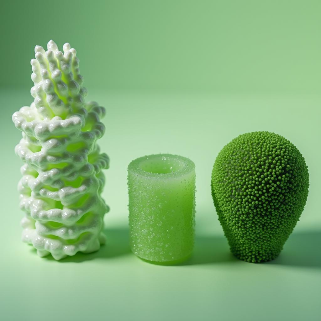 Display of advanced green materials including bio-polymers, nano-engineered components, and self-healing composites for industry.