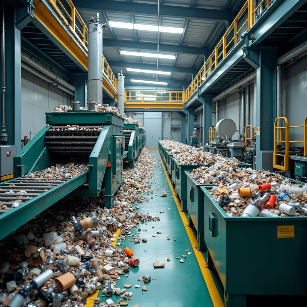 Advanced industrial factory recycling system sorting various materials for efficient reuse and waste reduction.