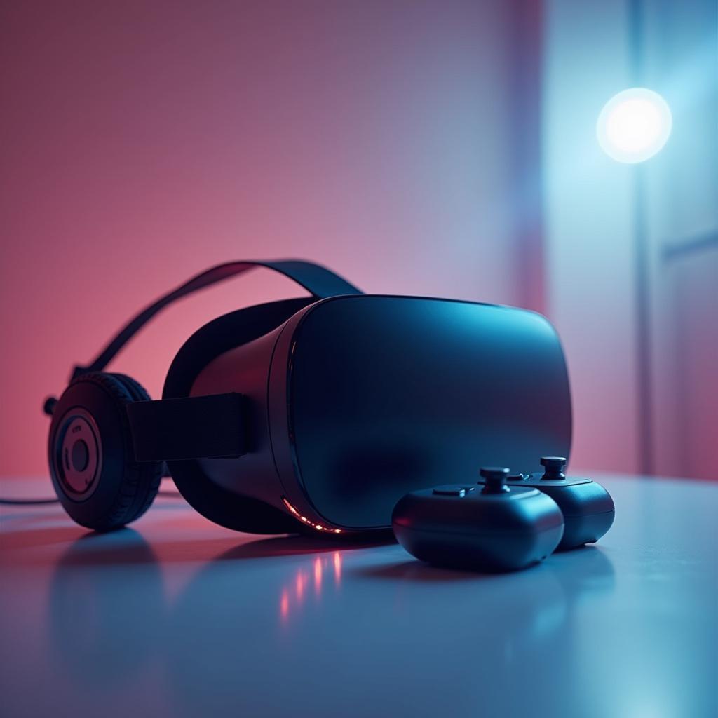 Sleek advanced VR headset and controllers symbolizing future entertainment applications and innovative virtual reality evolution.