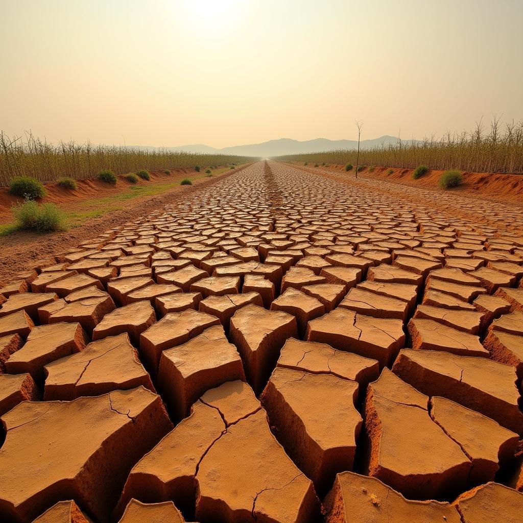 Vast expanse of dry, cracked earth in Africa with sparse, withered crops highlighting severe drought conditions.