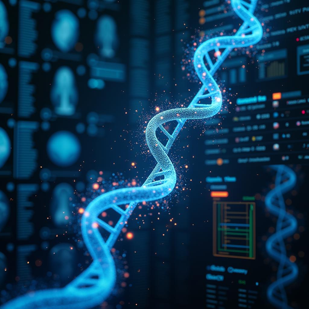 AI algorithms analyzing complex medical data including genetic information and patient imaging for advanced disease detection.