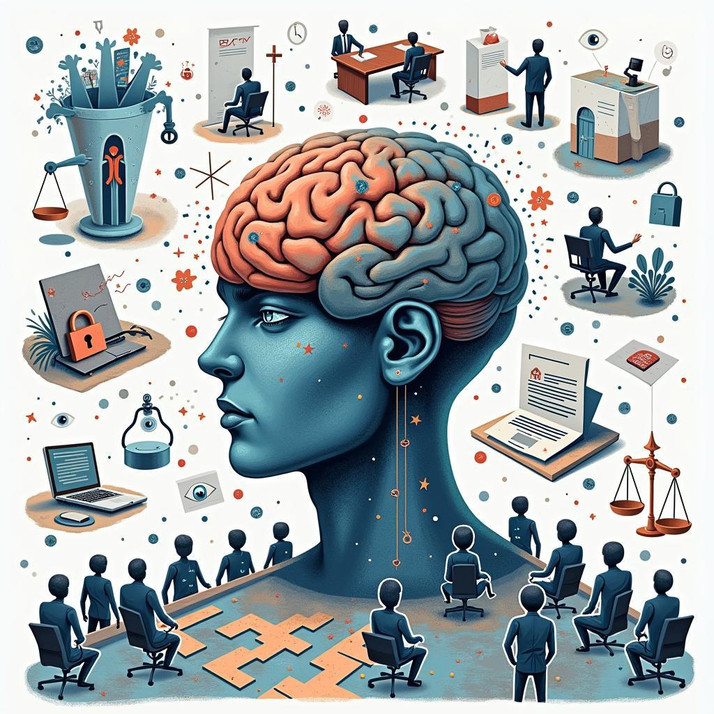 Conceptual art illustrating ethical dilemmas in AI banking: algorithmic bias, data privacy concerns, and workforce impact.