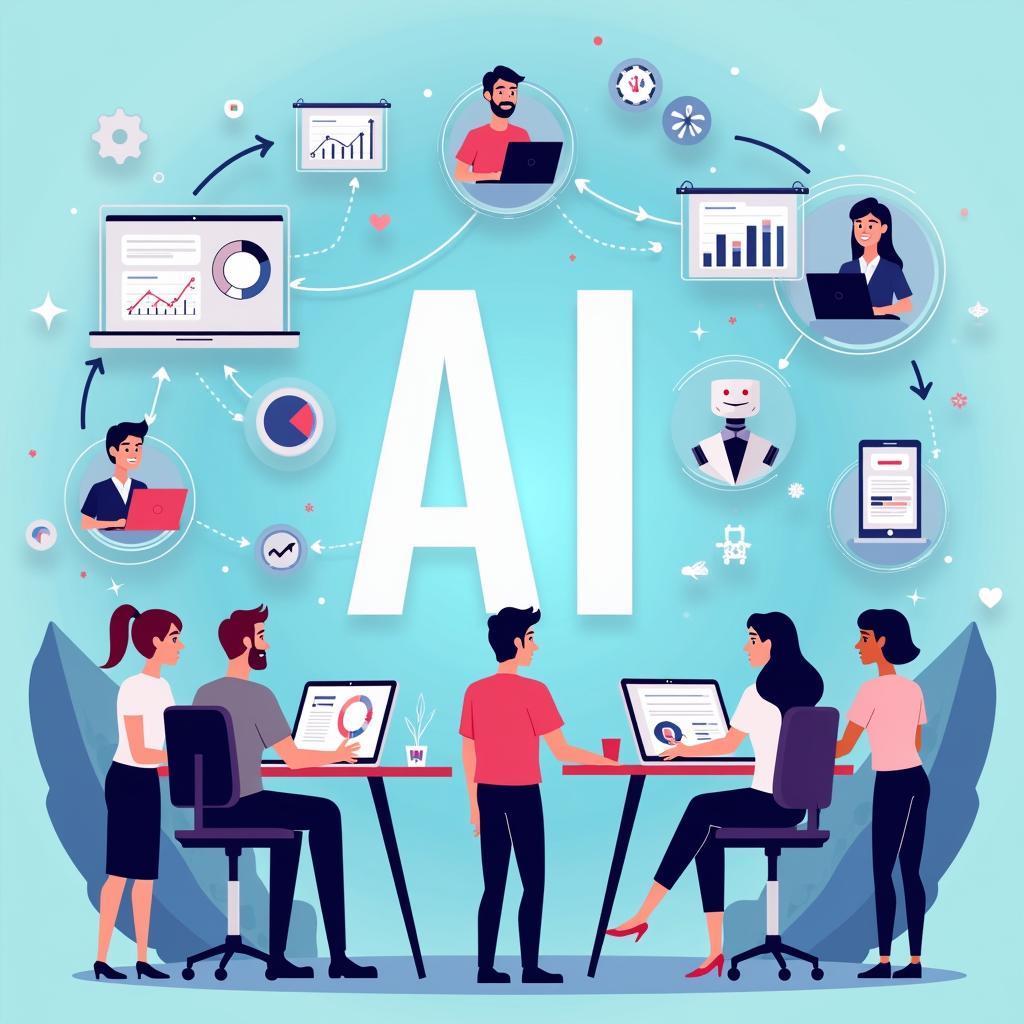 Illustration of AI benefits in business showing enhanced operational efficiency, data insights, and improved customer service.